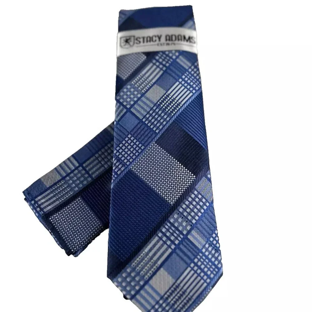 Stacy Adams Men's Tie & Hanky Set Royal Blue Silver Navy Blue Plaids 3.25
